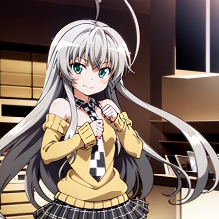 masterpiece, best quality, nyarlathotep \(nyaruko-san\), yellow sweater, necktie, bare shoulders, very long hair, black thighhighs, checkered skirt, checkered clothes,  ahoge, smile