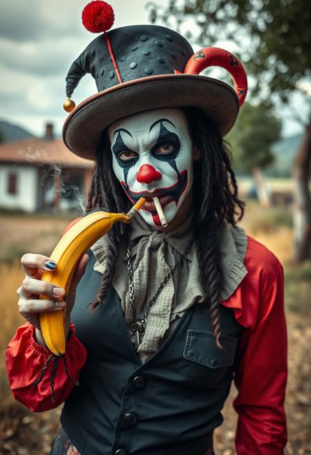 A down sindrome prostitute wearing a clown terror costume, borsalino hat, techno rave party, holding a banana, smoking a cigarette, country side italian background, looking at viewer, masterpiece, 4k, highly detailed, best quality,