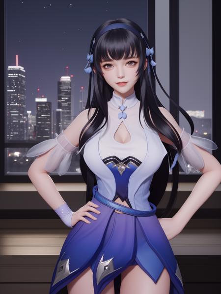 <lora:WZRYxishiYP:0.75>,WZRYxishiYP, 1girl, solo, long hair, black hair, looking at viewer,dress, hair ornament,bangs, bare shoulders,elbow pads,ribbon,hairband,cityscape, night,mature female, light smile, hand on hip, belt,window,