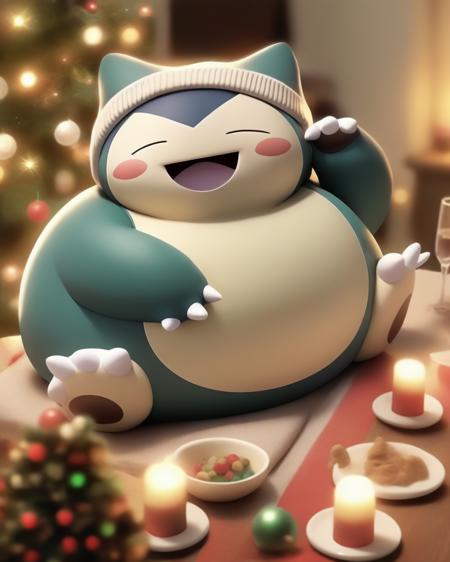 Snorlax smiling at christmas party, christmas beanie,
 <lora:snorlax_v0_2:0.8>