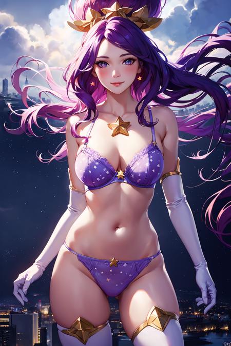 white thighhighs, elbow gloves, hair ornament, star hair ornament, dress, star guardian \(league of legends\), purple hair, long hair