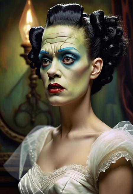 Ultra realistic,, Surrealism, Mid-shot, 2/3 face angle, Bride of Frankenstein 1930 painting oil canvas retro lighting background