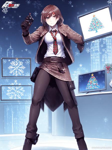 xmas_style_2K24,
Christmas Living Room,
1girl, asymmetrical legwear, belt, black eyes, boots, breasts, brown footwear, brown jacket, brown leggings, cityscape background, gloves, gun,  holding, holding gun, holding weapon, holster, jacket, knee boots,  lanyard, leggings, looking at viewer, medium hair, miniskirt, monitor with christmas tree image , open belt, pen protector, plaid clothes, plaid skirt, red hair, red necktie, revolver, shirt, skindentation, skirt, thigh holster, uneven legwear, weapon, weapon name, white shirt, zettai ryouiki, dynamic pose