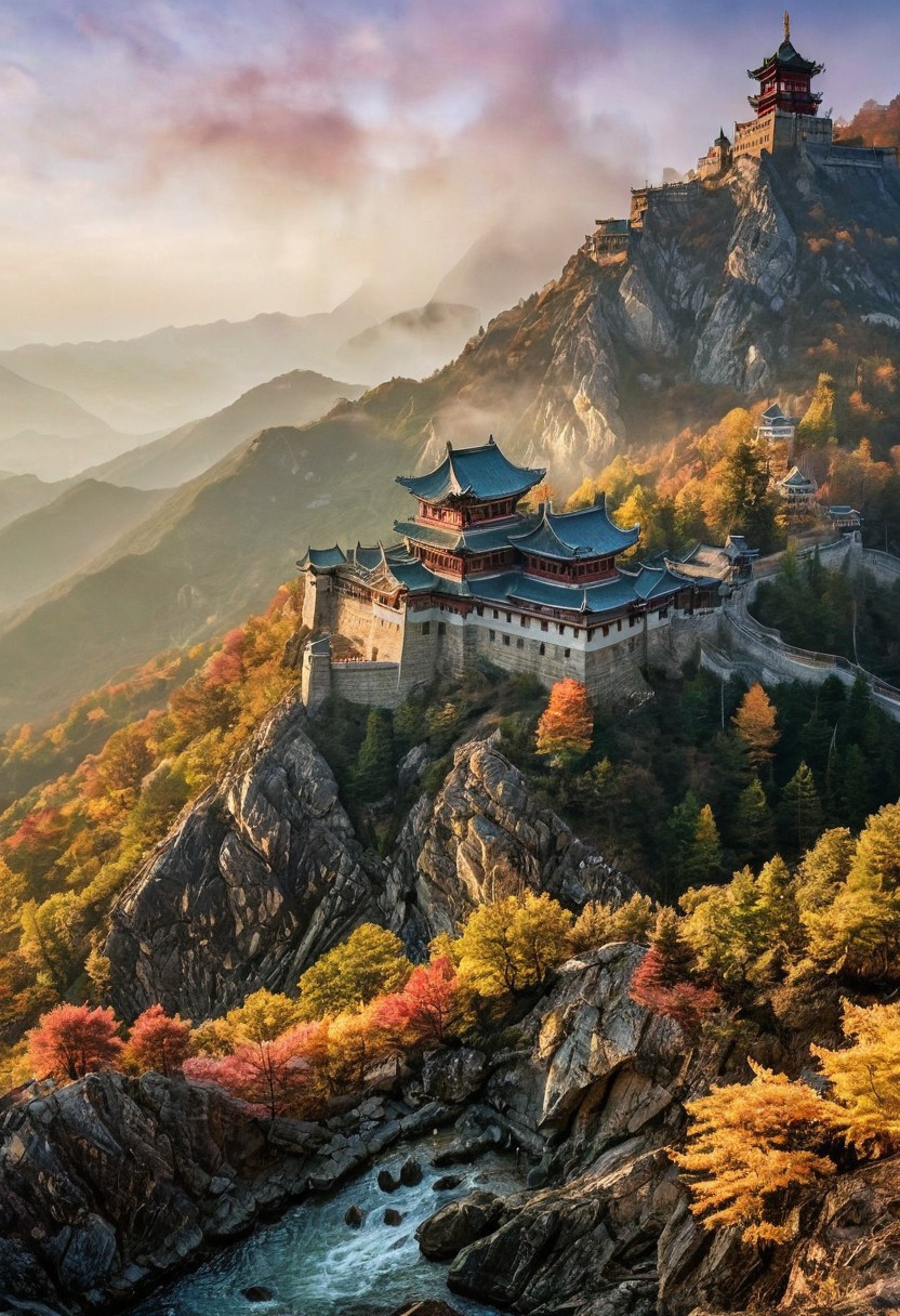their peaks veiled in mist. mixed media, surrealism, Korea, great lighting, A surreal landscape highly detailed . extremely high-resolution details,  appears trapped in an optical illusion of reflections and refractions colorful , Korean castles built on mountains, professional photography, natural lighting, volumetric lighting maximalist. intricately detailed, complex, elegant, expansive, fantastical, film photography style,  medium grain