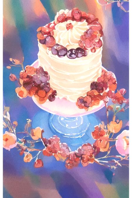 crl_fd6  style, masterpiece, best quality, extremely detailed, detailed background, detailed pastel colors, illustration. watercolor, paint splatter, cake slice,