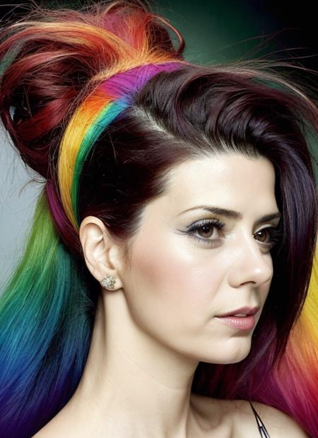 portrait of sks woman by Flora Borsi, style by Flora Borsi, bold, bright colours, rainbow Mohawk haircut, ((Flora Borsi)), <lora:locon_marisatomei_v1_from_v1_64_32:1.25>