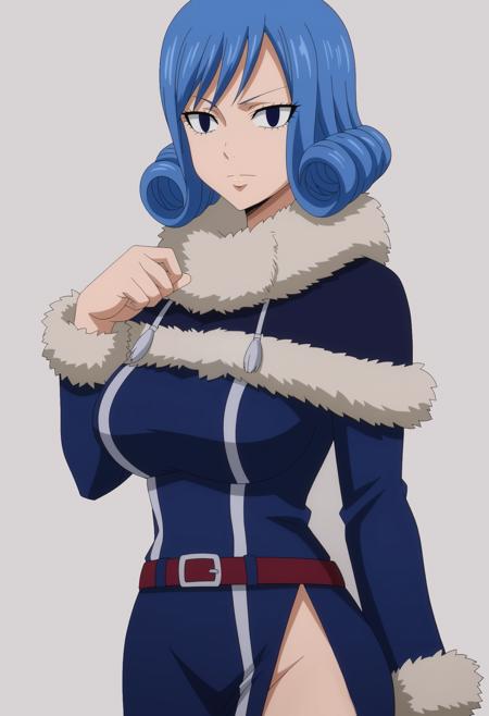 juvia, blue hair, empty eyes, fairy tail, curly hair, long hair, blue dress, side slit, belt, fur trim, fur-trimmed cloak, hat, thighhighs, long sleeves, leg tattoo