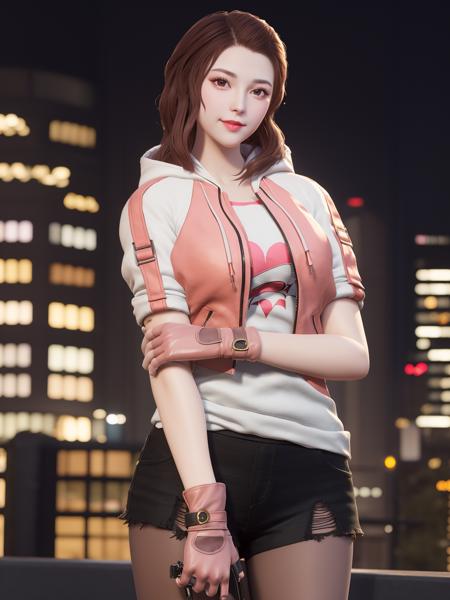 CFkongQF, 1girl, solo,pantyhose, brown hair, looking at viewer, hood, drawstring,torn clothes, brown eyes,  black shorts,long hair, hood down, lips, jacket, gloves, smile, breasts, open clothes, zipper,hand on hip, mature female, cityscape, night,  <lora:CFkongQF:0.75>,