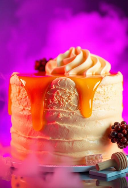 ultra realistic ,Honey and creamy cake with neon lights and volumetric fog
