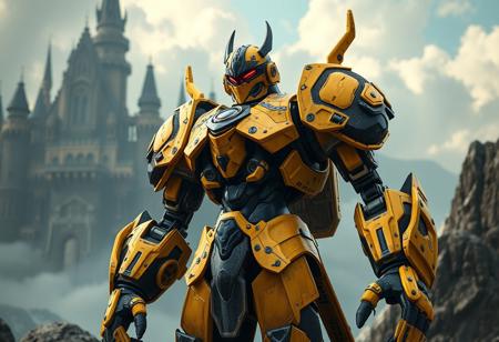 Highly detailed Ancient Gear Dark Golem robot, yellow and black armor, red and black visor, striped plating, yellow articulated limbs, confident powerful stance, centered composition. Standing near a detailed Cloudcastle backdrop. Poised for epic adventure, anticipation, dramatic volumetric lighting, creative dynamic angle. Cinematic, 4K, photorealistic, Octane Render, Unreal Engine 5, CGSociety, trending on Artstation, Golden Ratio.