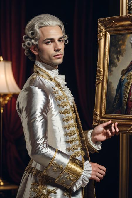 1man, photography, man wear frenchcourtsuit  in palace, silver wig, golden, paintings, ornate, details, ornament, dim light, dawn, bokeh background, <lora:ARWCourtSuit:1> <lora:ARWBedroomGothic:0.6>