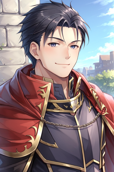 <lora:Hector_FE-10:0.8> hector fe, solo, smile, short hair, scenery, 1boy, closed mouth, male focus, cape, armor, portrait, red cape