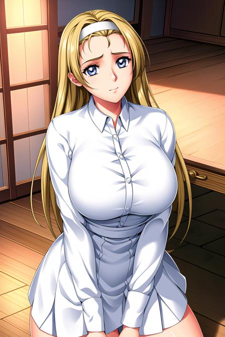 a room with a lot of chairs and a table in it with a clock on the wall and a window, stairs, wooden floor,
White collared shirt, White miniskirt,bare legs, 
<lora:Akemi_Mikihara_Isaku-KK77-V1:0.7>,
blonde hair,white hairband,blue eyes,long hair,
<lora:Mariana_Luciano_NON_VIRGIN-KK77-V1:0.3>,<lora:more_details:0.1>,
1 girl, 25yo,Young female,Beautiful Finger,Beautiful long legs,Beautiful body,Beautiful Nose,Beautiful character design, perfect eyes, perfect face,expressive eyes,perfect balance,
looking at viewer,(Focus on her face),closed mouth, (innocent_big_eyes:1.0),worried, 
official art,extremely detailed CG unity 8k wallpaper, perfect lighting,Colorful, Bright_Front_face_Lighting,shiny skin,
(masterpiece:1.0),(best_quality:1.0), ultra high res,4K,ultra-detailed,
photography, 8K, HDR, highres, absurdres:1.2, Kodak portra 400, film grain, blurry background, bokeh:1.2, lens flare, (vibrant_color:1.2),professional photograph,
(Beautiful,large_Breasts:1.4), (beautiful_face:1.5),(narrow_waist),