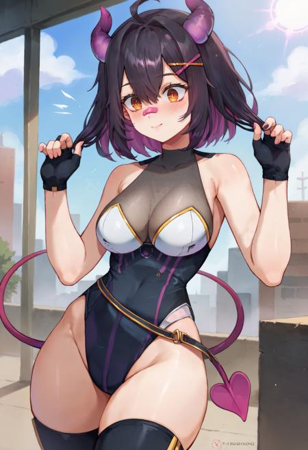 rainhoe1st, demon horns, purple horns, demon tail, x hair ornament, bandaid on nose, hairclip, black leotard, bare shoulders, bare arms, black gloves, fingerless gloves, black thighhighs rainhoesu, demon horns, x hair ornament, bandaid on nose, bandaid on face, hairclip, black hoodie, o-ring bikini, cleavage, black choker, black bikini rainhoespc, black hair, demon horns, x hair ornament, bandaid on nose, hairclip, white bodysuit, spacesuit, white gloves, thigh strap