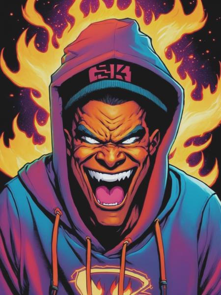 <lyco:SkottieYoung:1.0> basketball head with menacing grin, wearing a hoodie, flaming basketball logo on his chest, vibrant colors, art by Skottie Young,