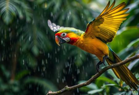 Close up parrot flying in to land on branch, jungle, rain,