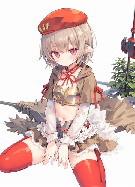 1girl,solo,skirt,hat,red thighhighs,armour,boots,midriff, navel