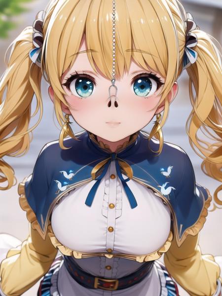 (best quality, Ultradetailed:1.2)frieren, 1girl, long hair, twintails, jewelry, earrings, capelet, long sleeves,  dress, belt <lora:nosehookv6:0.8>beautiful face,super fine face,ultra beautiful face,hires face,hut,yellow hair,blue eye,(bird's eye view shot:1.3)