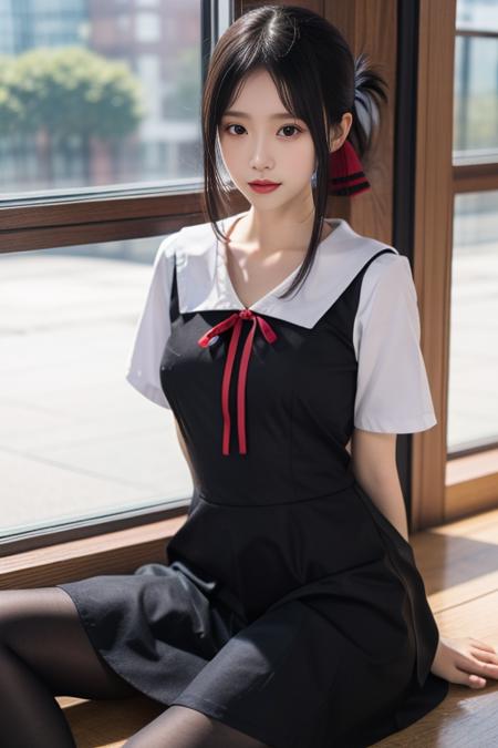 ultra-detailed,highly detailed,best quality,masterpiece,illustration,nsfw,
1girl, kaguya,shinomiya kaguya, cosplay,hair ribbon, folded hair,
shuuchiin academy school uniform,summer uniform,short sleeves, sailor collar,pinafore dress,
<lora:kaguya_sum_v1_03:0.6>