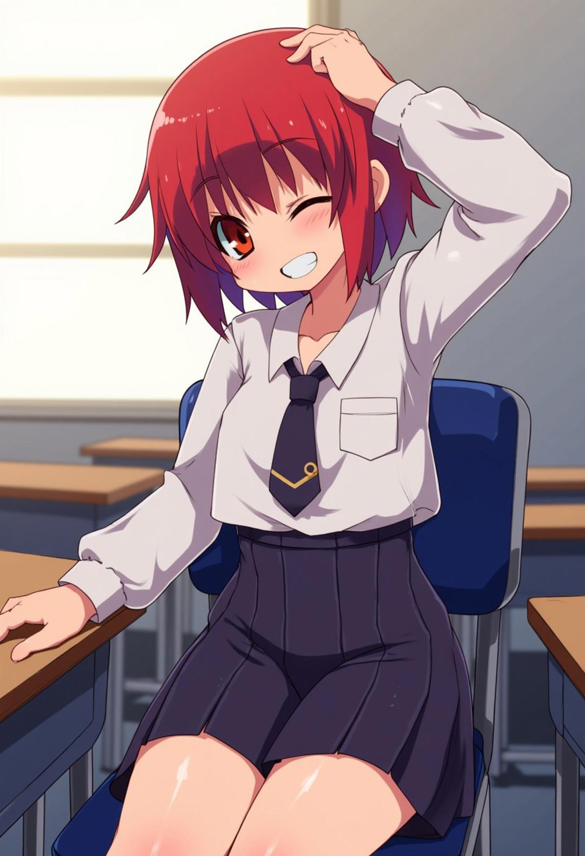 An adult woman sitting on a chair inside a classroom. She's wearing a school uniform. She has short red hair and orange eyes. She's grinning with her eyes closed. She has one hand on her desk and has her other hand on her adjusting her hair. zankuro style