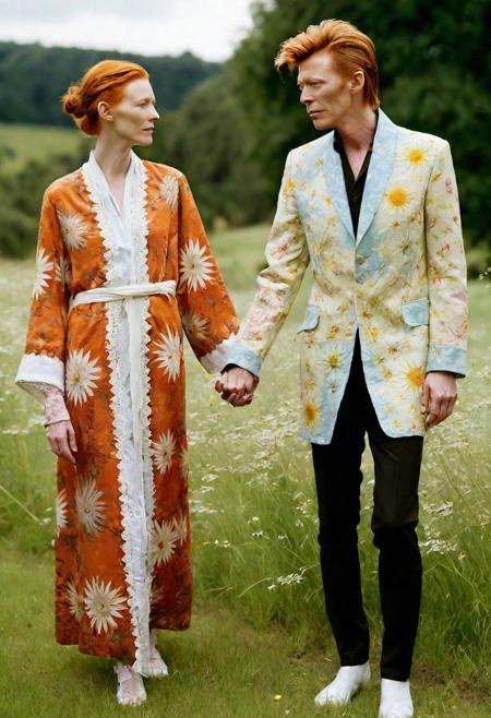 2 person holding hands, masterpiece, ultra realistic, professional photography, intricate details, young beautiful Tilda Swinton, young beautiful David Bowie, in 60's hippy robes, sunny meadow, soft dim natural lighting, flowers