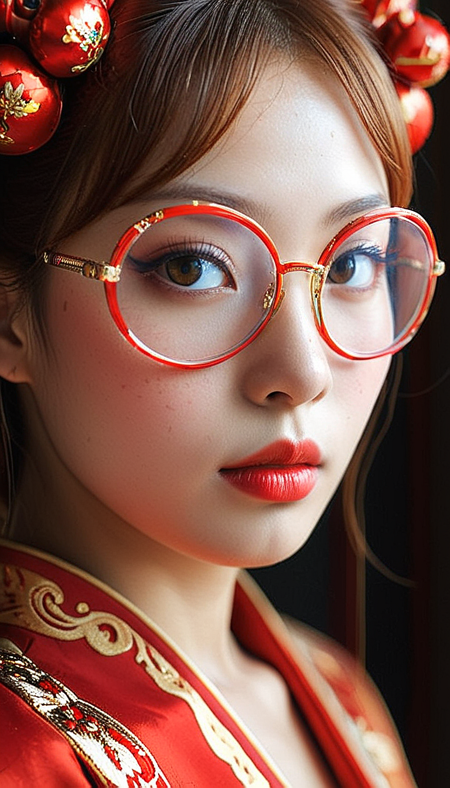 Close-up gorgeous Japanese girl face , sexy, hot, cute, (bangs:1.1), freckles, light tan, striking red large eyes, aligned eyes, mirror eyes, (half smile:1.1),
(wearing very detailed Venetian Mask:1.1), small tender chin, ginger hair,(double bun hair), round red glasses, red Traditional Clothing,
BREAK,
very long lashes, trendy portrait,
tender Aesthetic nose, ears, puffy lips, sensual lips, detailed texture, detailed eyes, detailed skin, clean skin, red Traditional Clothing,
<lora:Someplastic_b:1>, (ultra sharp focus:1.8), (detailed skin:1.8), (thin lines:1.8), (best quality:1.8),
<lora:Apparatus_-_Traction_City_Walkers_Vehicles:0.7>,
<lora:add-detail-xl:0.7> (ultra sharp focus:1.8), (detailed skin:1.8), (thin lines:1.8), (best quality:1.8),
<lora:glowneon_xl_v1:0.7>