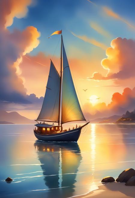 Tilt-shift photo of Tilt-shift photo of (watercolor painting:1.3) sunset,high tide,golden sand,calm sea,colored clouds,rays of light break through the clouds,in the reflection of light on the water,a sailing boat is a fish,the sea shimmers with bright colors. vibrant,beautiful,painterly,detailed,textural,artistic,lucid,<lora:more_details:1>,ultra quality,ultra detailed,intricate details,8k,hdr,rim light,dynamic lighting,golden hour,backlight,shadow,night time,dark shot,Bokeh,tilt-shift,Professional,Sexy fashion style,embraces sensuality and confidence,beauty,allure,reflects a bold and seductive attitude,Fantasy illustration style,transports viewers to imaginative worlds,epic landscape,and heroic adventures,sparks wonder and inspiration,Cartoon watercolor painting style
