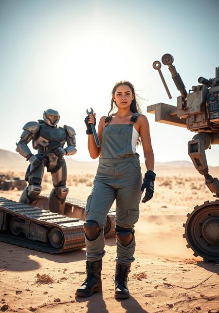 An attractive young hispanic woman stands in the desert. She is looks at the camera as she works on a large tracked machine. She is wearing overalls with armor and is holding a wrench in her left hand. 
The landscape is dusty with the sun brightly shining over the barren desert landscape. She is fully clothed and NOT wearing a helmet. Next to her is a large armored robot assistant holding tools. 
