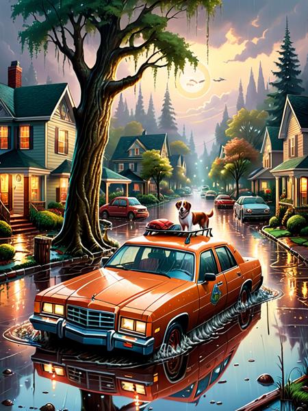 <lora:SS02ImpressionisticPainting_Hap_XL:2>,Thomas Kinkade style,  creates an environment of climate disaster, mud and water, submerged cars, people in trees, flooded streets, dogs and cats on wet sidewalks, caricature comic style.