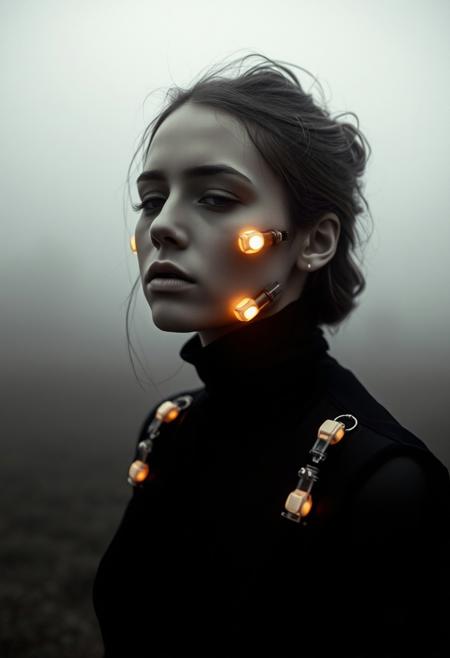 A melancholic figure with glowing cybernetic implants, standing in a misty, desaturated landscape
surreal portrait photography, soft ethereal lighting, high-contrast black and white, surrealist composition, dramatic shadows, vintage photography aesthetics, artistic use of props, whimsical yet haunting atmosphere, experimental lighting techniques, delicate yet bold contrasts, surreal juxtapositions, playful yet mysterious tone