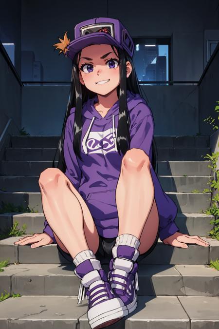 masterpiece, best quality,  <lora:cassettegirl-nvwls-v1-000009:0.9> cassettegirl, hat, purple hoodie, short shorts, sneakers, sitting, stairs, cityscape, graffiti, from below, furrowed brow, grin, looking at viewer