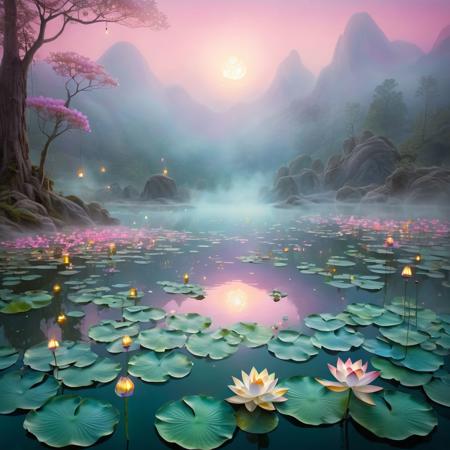 Whimsical, fantastical landscape, an iridescent lake glimmers, surrounded by shimmering, ethereal mist, lotus flowers blooming in shimmering colors, petals unfolding like tiny, delicate lanterns, soft, gradient hues, dreamy, surreal atmosphere, inviting, imaginative scenery, capturing the essence of a peaceful, mystical realm