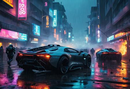 Futuristic cyberpunk scene in the year 2099 of huge mob of humanoid robots rioting on streets, futuristic tech everywhere, futuristic cyberpunk cars, chaos everywhere, robots turning cars over, fires, people running, night, raining, wet asphalt, futuristic police, fire, smoke, neon lights, cinematic