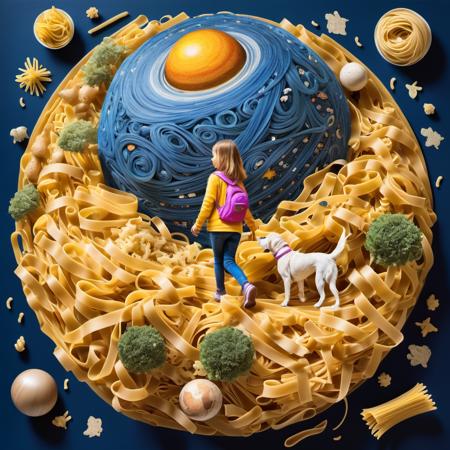 a girl walking the dog on a little planet, hyper-detailed pasta collage, masterpiece