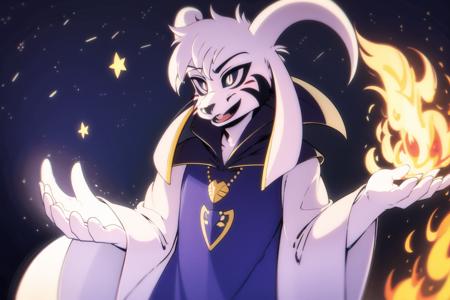 1boy, <lora:asriel-30:0.8>, solo, god of hyperdeath, horns, sunrise, stars, magic, fire, blue clothes, nature, white eyes, black sclera