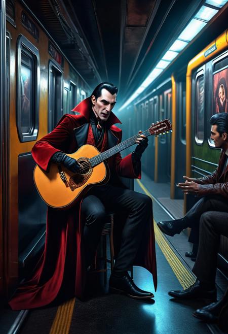 Dracula playing the acoustic guitar in the subway for adoring fans, detailed matte painting, deep color, fantastical, intricate detail, splash screen, complementary colors, highly detailed, vibrant, action adventure concept art, 8k resolution trending on Artstation Unreal Engine 5