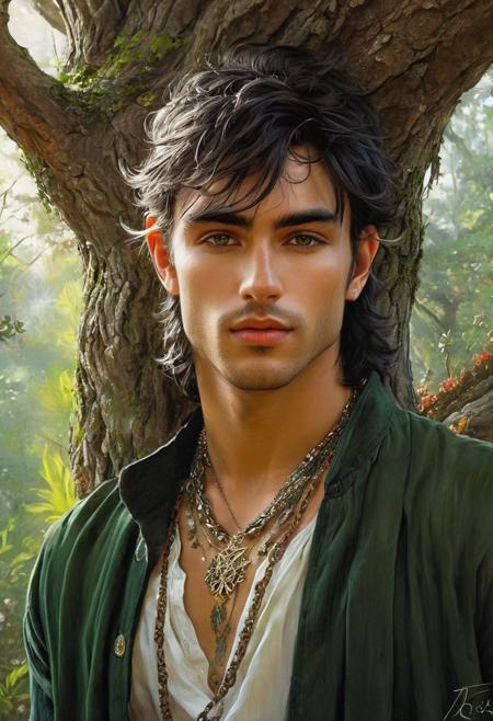 Hyper-realistic digital painting of a beautiful elven man, 
dark green eyes, 
messy shoulder-length hair, 
pointed ears, 
leaning against a tree, 
finely detailed necklace and bracelets, 
tattoos, 
in a surreal and fantastic setting, 
combining the artistic styles of Jose Royo, 
Boris Vallejo, 
Julie Bell, 
Carne Griffiths, 
and Brian Froud, 
precise anatomy, 
with a centered symmetrical composition, 
volumetric lighting, 
rays, 
vivid colors reflects