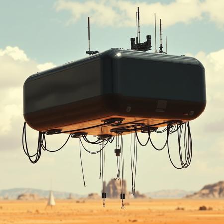ultra high resolution, masterpiece, best quality, small featureless smooth glossy black glass spacecraft hovering low to the ground, underneath the spacecraft are cables hoses and wires, antennas on top, cables hanging from below, rectangular in shape, futuristic world, post apocalyptic landscape, ((low concrete buildings:1.3)) anti gravity, in the atmosphere, sky, clouds, ground visible, hovering, dry, ((dusty)), bleak landscape, parched, orange light, sunlight, square shapes, bleached colors,