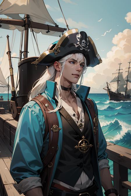 (absurdres, highres, ultra detailed), 1 male, mature, manly, tall muscular, handsome, finely detailed eyes, intricate details, (dark:0.8) skin,  (battlescars:0.7), looking up, solo, upper body, detailed background, sinister smile,  outlaw, elaborate pirate captain outfit, tattoos, pirate fantasy theme, high seas, wooden deck of a ship,  kraken, cannons,   gunpowder, muskets, floating debris, pirate battle,   raining, tropical beach, pirate hideout, pier, docks, shacks, camp,    calm,   pirate ship on shore, loot, compass,  rum,  treasure, cannonballs,