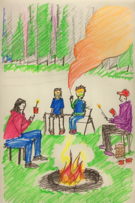 people sitting around a camp fire, roasting marshmallows    <lora:crayons_v1_sdxl:1>