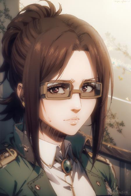 portrait of beautiful HangeAOT, 1girl, solo, jacket, glasses, uniform, emblem, paradis_military_uniform, survey_corps_\(emblem\), volumetric lighting, best quality, masterpiece, intricate details, tonemapping, sharp focus, hyper detailed, trending on Artstation, <lora:HangeAOT:1>