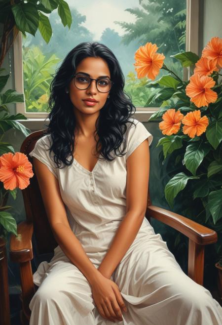 A captivating watercolor portrait of a 35-year-old Malayali woman exudes sensuality and charm. Her  black wavy hair frames her face, a , adding a touch of sophistication. Seated gracefully on an  chair, she crosses her legs, revealing her good   . The cinematic atmosphere envelops the scene, as if she is the protagonist of an engaging movie poster or painting. The illustration captures the essence of an alluring and enchanting character. full size, cartoon, mallu desi dusky skin  mildf  busdty cdurvy woman  smirk,(cute mouth,parted lips,beauty,lovely) ,(  black specs, )blacck ,long straight hair,forehead,nice detailed hair,multilayered hair:1.1)),(  ,nice eyes,detailed eyes,eyelashes:1) enjoyin rain, a hibiscus plant with many flowers on fore ground, cinematic view, her cute small kerala style house sit out on background, _cartoon