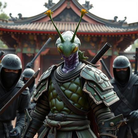 A purple mantis human hybrid samurai in green armor surrounded by ninjas outside a temple
