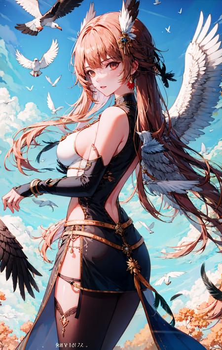 1girl, angel, angel_wings, animal, bangs, bird, black_feathers, black_gloves, breasts, bridal_gauntlets, crow, dove, eagle, feathered_wings, feathers, fingerless_gloves, gloves, hair_ornament, head_wings, high_heels, holding, long_hair, looking_at_viewer, medium_breasts, musical_note, pigeon, seagull, silver_hair, single_wing, solo, white_feathers, white_wings, wings, year_of_the_rooster <lora:style_yeurei:1>