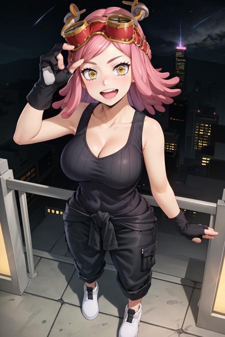 MeiS2, 1girl, solo, pink hair, goggles, goggles on head, symbol-shaped pupils, smile, yellow eyes, big breasts, hourglass body, cowboy shot, looking at viewer, gloves, collarbone, black gloves, medium hair, tank top, open mouth, cleavage, clothes around waist, shirt, pants, standing, black tank top, bare shoulders, fingerless gloves, sleeveless, black shirt, hourglass body, curvy, wide hips, (from above:1.3), outdoors, sky, clouds, night, stars, starfield, balcony, lights, neon lights, skycrapper,  :d, city,
 <lora:MeiS2:0.7>