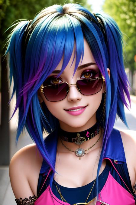 4K, Masterpiece, highres, absurdres,with a edgScene hairstyle, Nadia smiling with a choker and sunglasses,
 <lora:EDGHAIRSALON_edgScene:0.75> <lora:Nadia:0.3>