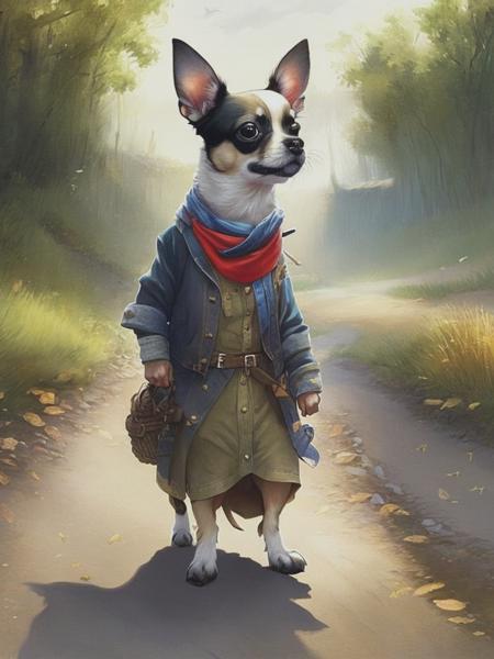 <lyco:Jean-BaptisteMonge:1.0> Cute Chunky anthropomorphic chihuahua dressed in rags walking down a rural road, mindblowing illustration by Jean-Baptiste Monge + Emily Carr + Tsubasa Nakai