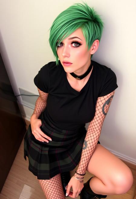 pixie cut, feminine male, black collar, green hair, plaid skirt, fishnet stocking sleeves, leather boots, short tee-shirt, tattooed, pink eyes