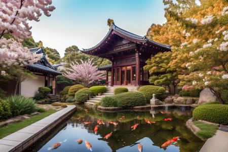 <lora:JJsJapanese_Graden:.6>,masterpiece, best quality,Landscape, scenery, outdoors, building, tree, sky, real world location,  grass, bush, flower, city, water, lawn, sidewalk,sakura, dawn, day, Water pool, temple,door,fish,falling petals,
RAW photo, subject, 8k uhd, dslr, soft lighting, high quality, film grain, Fujifilm XT3,