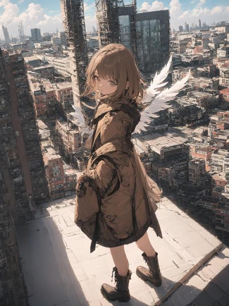 (masterpiece, best quality),from above , 1girl, solo, (feathered wings:1.2), billboard, brown eyes, brown hair, building, city, cloudy sky, coat, boots, crane \(machine\), dutch angle, from side, light frown, looking at viewer, outdoors, rooftop, sky, skyscraper